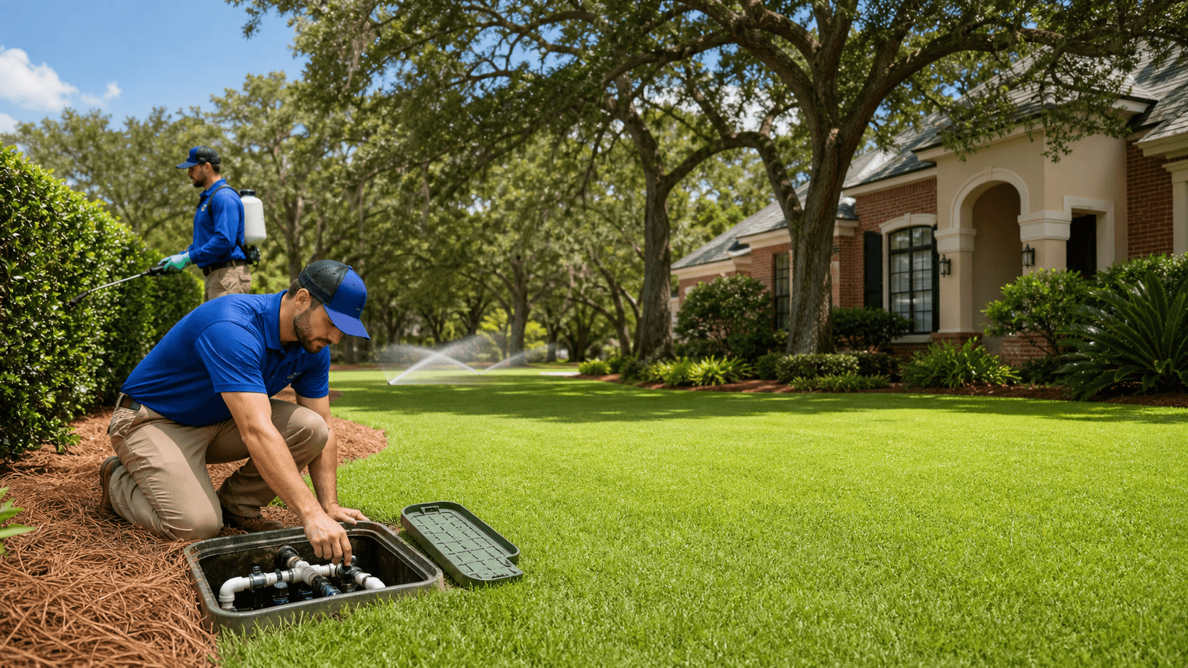 Green lawn with sprinklers spraying beside trimmed shrubs under bright Florida sunlight.