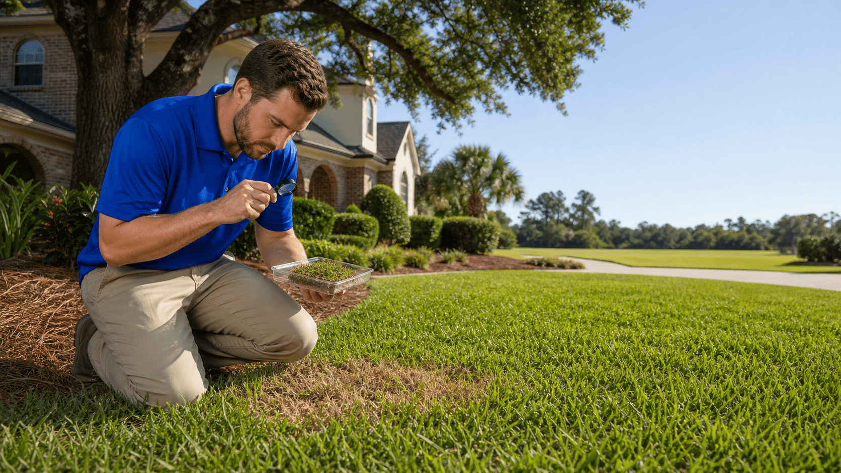 Lush green lawn with irregular brown patch areas under bright daylight beside trimmed landscaping
