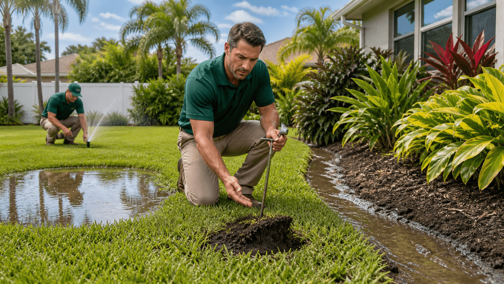 Split view of a green lawn showing a puddle, dark soggy grass, and water flowing toward a curb.
