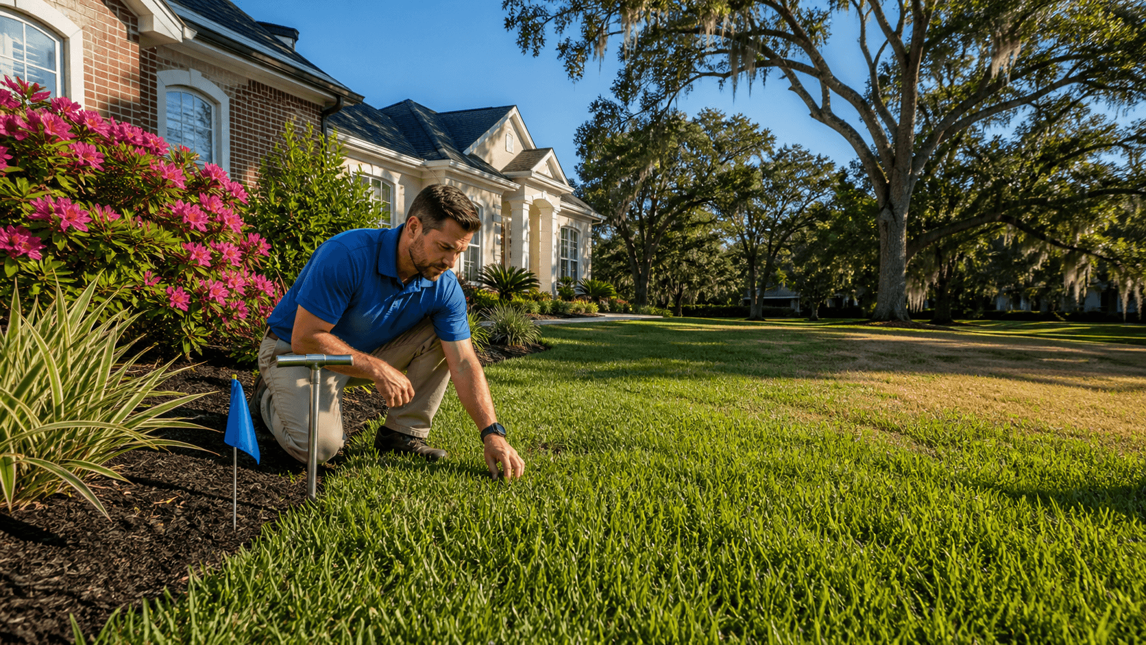 Sunlit green lawn with scattered dry patches, bordered by shrubs and trees under a clear blue sky.