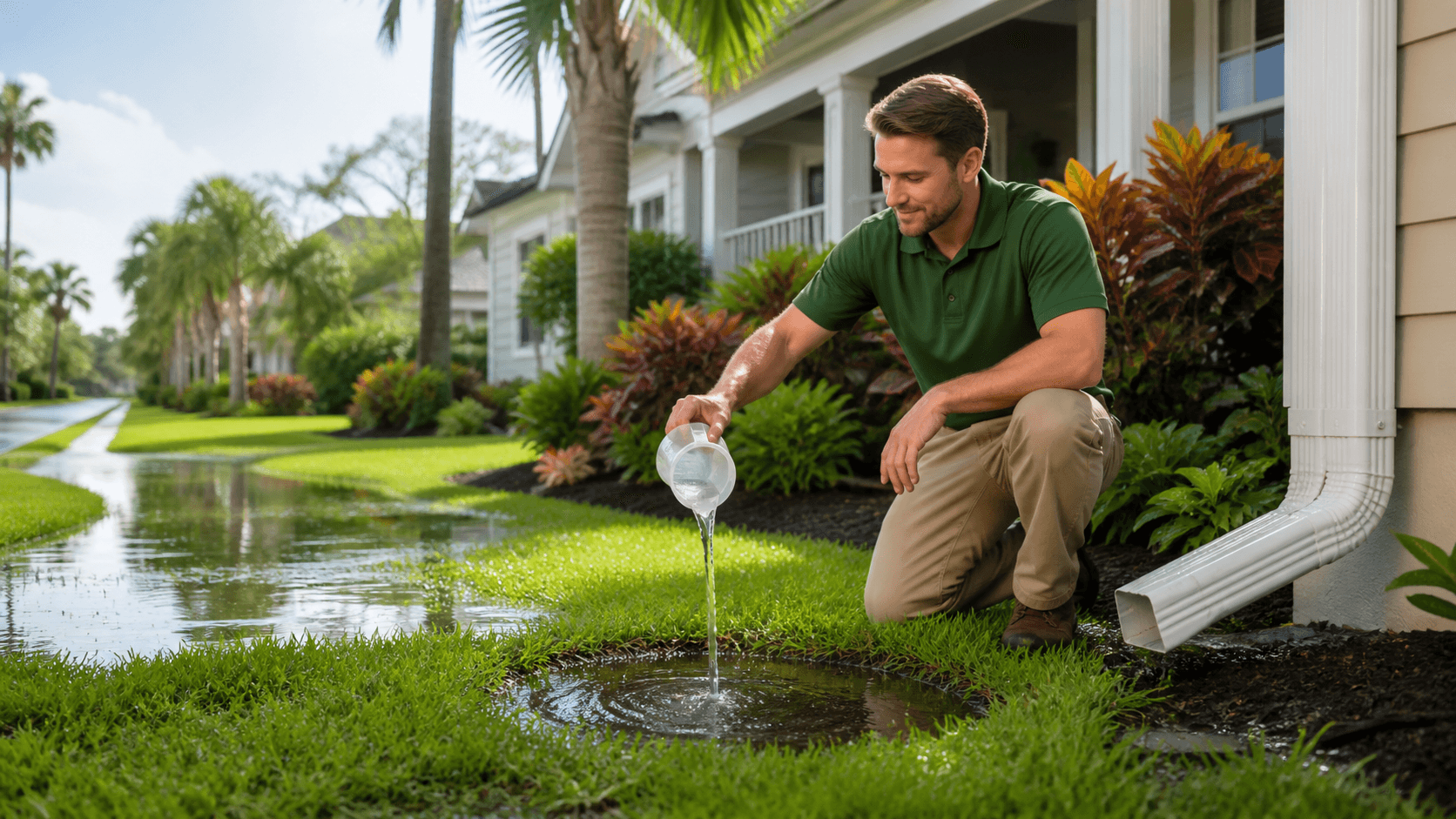 Rain-soaked suburban yard with standing water near a downspout beneath dark gray storm clouds