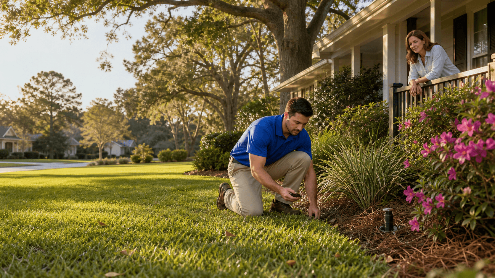 Lush green lawn split between sunlit summer grass and cooler winter turf beneath a bright blue sky.