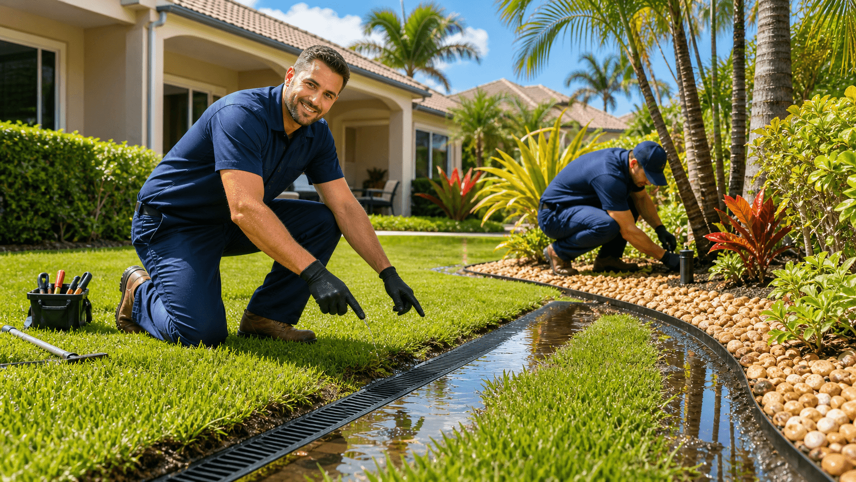 Sunlit Florida yard with standing water, a gravel drainage trench, and palm trees beside a stucco home.