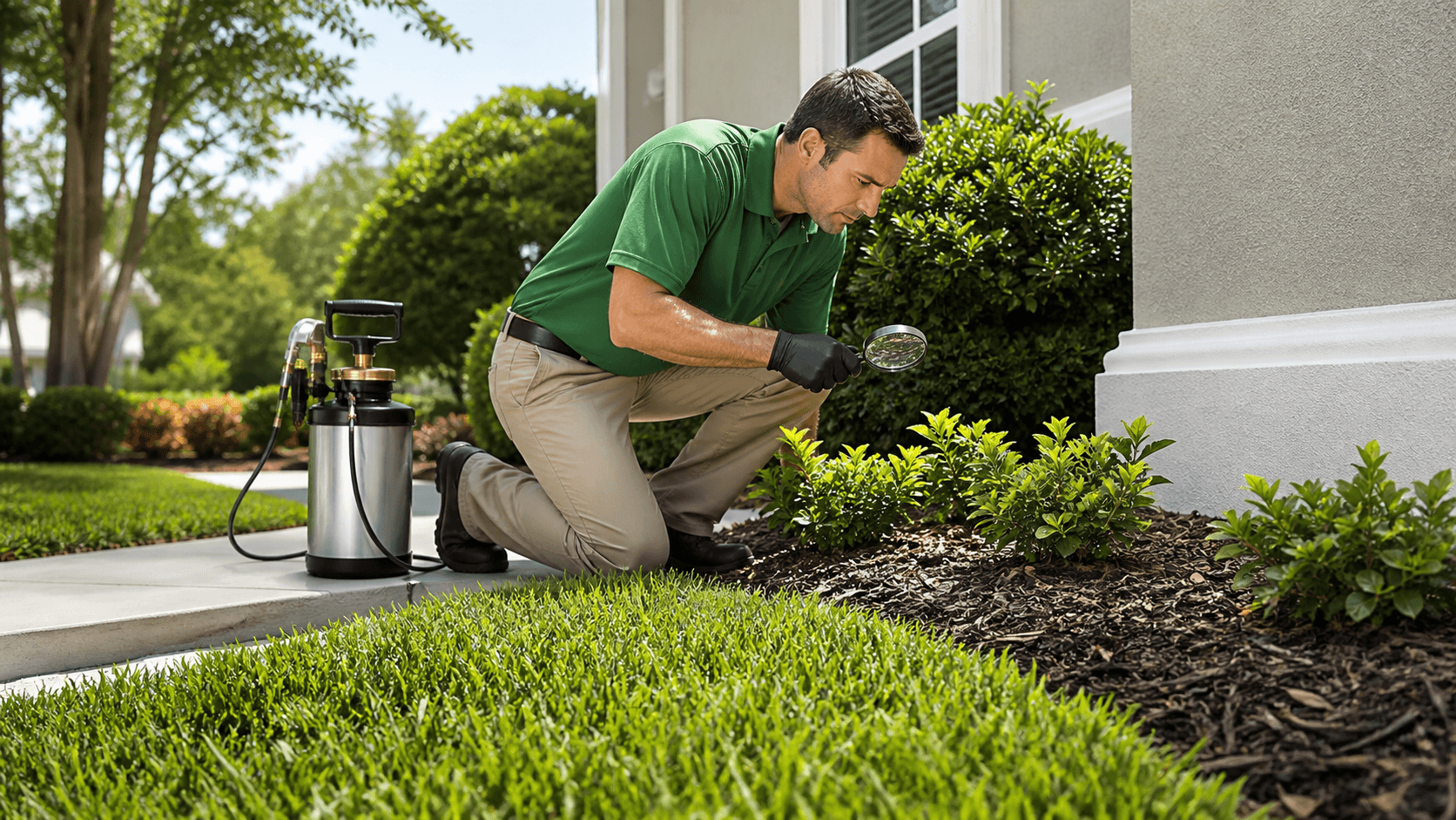 Suburban brick home with green lawn, foundation shrubs, and a pest control technician inspecting the yard