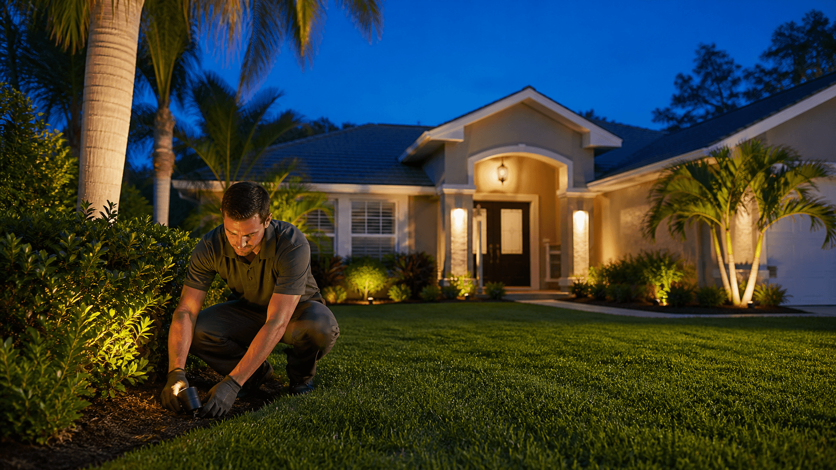 Warm pathway lights illuminate a manicured lawn, shrubs, and a brick home at dusk.