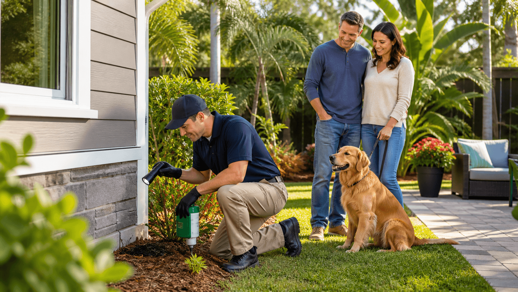 Smiling family with children and a dog relaxes on a sunlit green lawn beside a suburban home.