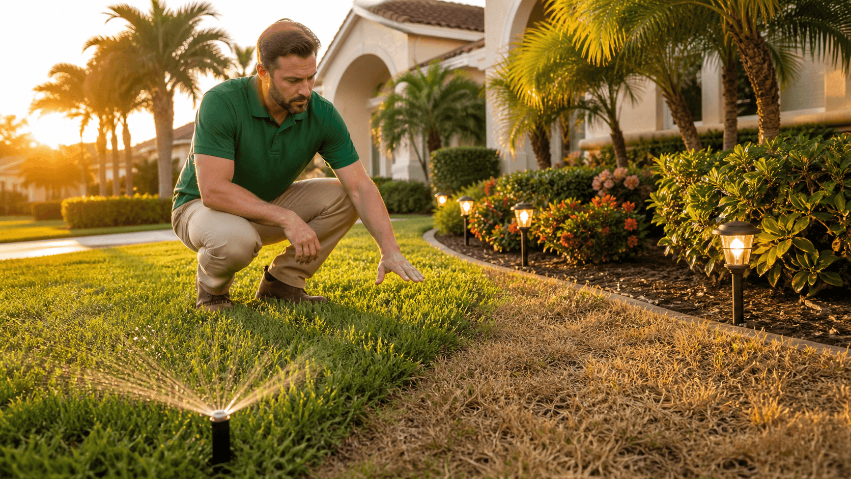 Palm-lined lawn at dusk with warm landscape lights illuminating a walkway and manicured shrubs.
